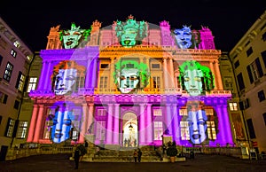 Palazzo Ducale, show dedicated to Andy Warhol event exposure in Genoa, Italy. The projection represents the face of Marilyn Monroe