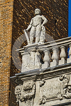 Palazzo Maffei with statue of divinitiy at Piazza delle Erbe in Verona, Italy