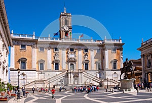 Palazzo Senatorio Senate Palace by Michelangelo Buonarotti at Piazza Campidoglio square at Capitoline hill in Rome, Italy