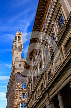 Palazzo Vecchio with Arnolfo\'s Tower from courtyard of the Uffizi Gallery in Firenze.