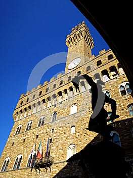 The Palazzo Vecchio in Florence, ITALY, view from the Loggia Lanzi with the sculpture "Perseus with Medusa's Head"