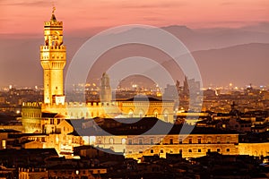 The Palazzo Vecchio and the historic centre of Florence at sunset