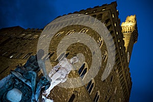 The Palazzo Vecchio at night in Florence, Italy.