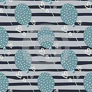 Pale blue balloons seamless doodle pattern. Heart outline silhouettes on stripped background with grey lines