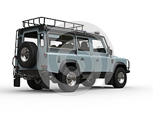 Pale blue off road vehicle - tail view