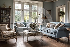 Pale blue sitting room decor, interior design and house improvement, living room furniture, sofa and home decor in