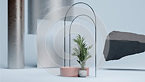 Pale blue space with thin arcs, round pink podium and small palm tree. Minimal design. 3d rendering.