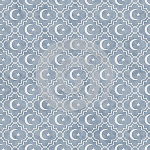 Pale Blue and White Star and Crescent Symbol Tile Pattern Repeat