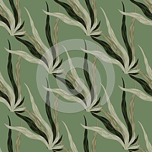 Pale brown and grey tones seaweeds seamless pattern. Green background. Underwater foliage artwork
