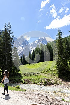 Pale di San Martino range panorama landscape during summer season. Passo Rolle summer landscape - Pale di San Martino range.