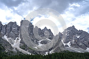 Pale di San Martino range panorama landscape during summer season. Passo Rolle summer landscape - Pale di San Martino range.