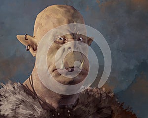 Pale fantasy orc character wearing fur shoulder cover and scowling at the viewer - digital fantasy painting