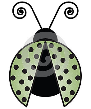 Pale Green Ladybug with Curly Antena and Polka Dot Wings Illustration on White Background with Clipping Path
