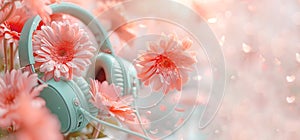 Pale greens over-ear headphones adorned with of fresh peach gerberas on pink background. Visually contrast between