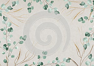 Pale leaves with golden ornaments - botanical design banner. Floral pastel watercolor border frame.border frame