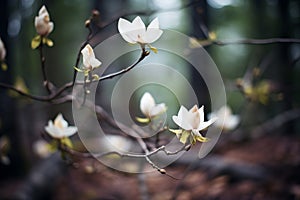 pale magnolia flowers against a dark forest background