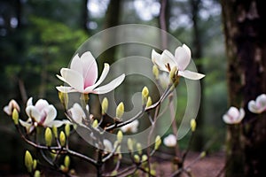 pale magnolia flowers against a dark forest background