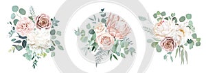 Pale pink camellia, dusty rose, ivory white peony, blush protea, nude pink ranunculus