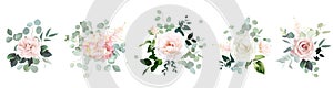 Pale pink and dusty beige rose, peach hydrangea, mint eucalyptus, greenery vector design floral bouquets