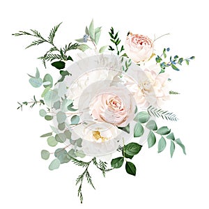 Pale pink and dusty rose, ivory white peony, beige dahlia, nude pink ranunculus, eucalyptus vector design bouquet.