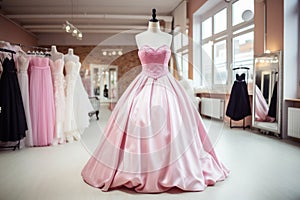 Pale pink long formal dress, elegant prom party, wedding dress on mannequin in luxury shop boutique. Prom gown, wedding