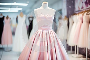 Pale pink long formal dress, elegant prom party, wedding dress on mannequin in luxury shop boutique. Prom gown, wedding