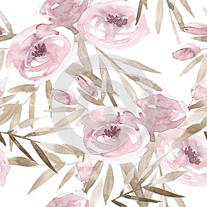 Pale pink roses and peonies with gray leaves on white background. Seamless pattern. Romantic garden flowers illustration