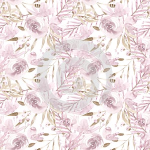 Pale pink roses and peonies with gray leaves on white background. Seamless pattern. Romantic garden flowers illustration