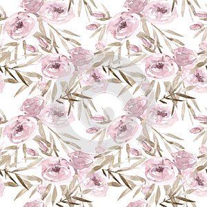 Pale pink roses and peonies with gray leaves on white background. Seamless pattern. Romantic garden flowers illustration