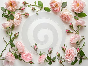 Pale pink roses and petals arranged in circular frame on white background, romantic floral design with copy space, top