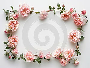 Pale pink roses and petals arranged in circular frame on white background, romantic floral design with copy space, top