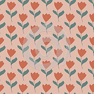 Pale red simple tulip flowers silhouettes seamless pattern in doodle style. Pink background. Doodle style