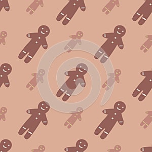 Pale seamless new year pattern with pink palette gingerbread man cookie ornament. Winter bakery desserts silhouettes