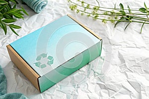 Pale Solid Blue Tone Color Gradation with Light Green Paint on Cardboard Box Recycled Blank Paper Texture Background with Space photo
