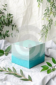 Pale Solid Blue Tone Color Gradation with Light Green Paint on Cardboard Box Recycled Blank Paper Texture Background with Space photo