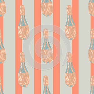 Pale tones seamless circus pattern with hand drawn juggler maxe ornament. Striped background. Pink and grey colors