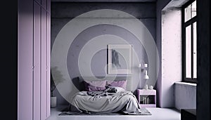 Pale violet bedroom interior, Generative AI