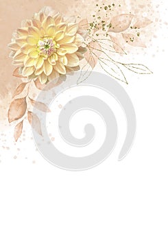 Pale watercolor dahlia flower and leaves on white background - vertical botanical design banner. Floral pastel watercolor, vintage
