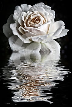 Pale white rose with raindrops reflected in dark water on a black background