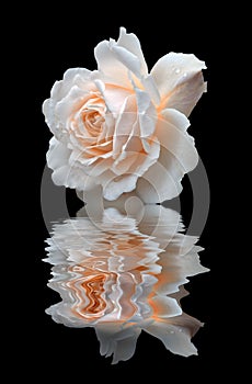 A pale white rose reflected on black water