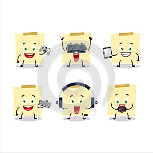 Pale yellow sticky notes cartoon character are playing games with various cute emoticons