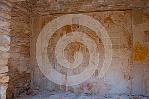 Palenque, Chiapas, Mexico. Ancient Mayan carved relief with in temple ruins.