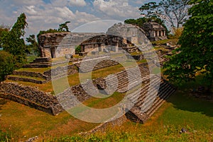 Palenque, Chiapas, Mexico: Ancient Mayan city among trees in Sunny weather