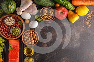 Paleo diet concept. Balanced food frame background. Copy space,