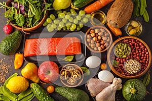 Paleo diet concept. High protein food. Fresh raw vegetables, fruits, meat, fish, top view.