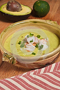 Paleo diet- Organic chilled cucumber, avocado and shrimp soup