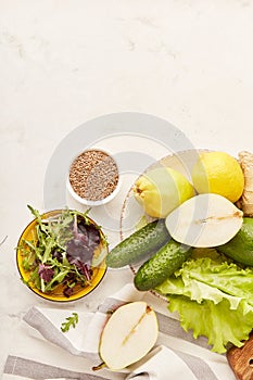 Paleo Fodmap Mediterranean diet fresh. Healthy low fodmap ingredients - vegetables, fruits, greens, flax seeds. photo