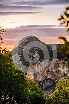 Paleokastritsa at sunset in Corfu Greece.