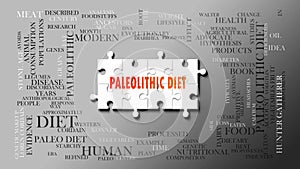 Paleolithic diet - a complex subject, related to many concepts. Pictured as a puzzle and a word cloud made of most important ideas