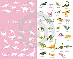 Paleontology for kids.Hand drawn cute dinosaurs.Find the correct shadow. Educational matching game.Childish mini board game